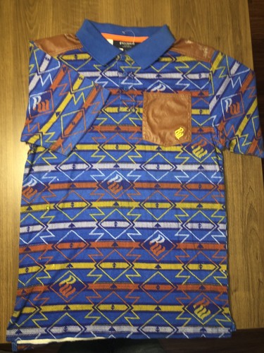 ROCAWEAR Polo Shirt Youth Large 14-16 Blue Pattern Cotton Kids Boys w/ Leather - Picture 4 of 9
