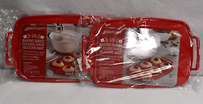 Gia's Kitchen 3-in-1 Baking Sheet Cooling Rack Silicone Mat Red Heat & Cool 2 Pc