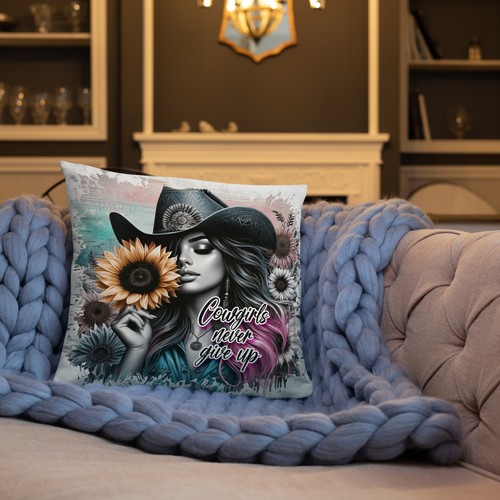 Southern Charm "Cowgirls Never Give Up" Western Country Basic Pillow - 第 1/11 張圖片