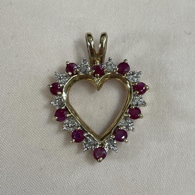 10K Yellow Open Heart Pendant with 10 Diamonds and 10 Rubies, Vintage, Estate