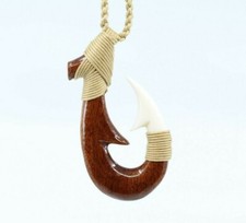 Hawaiian Koa Wood Fish Hook Necklace - Hand Carved Buffalo Bone w/ Koa, Small