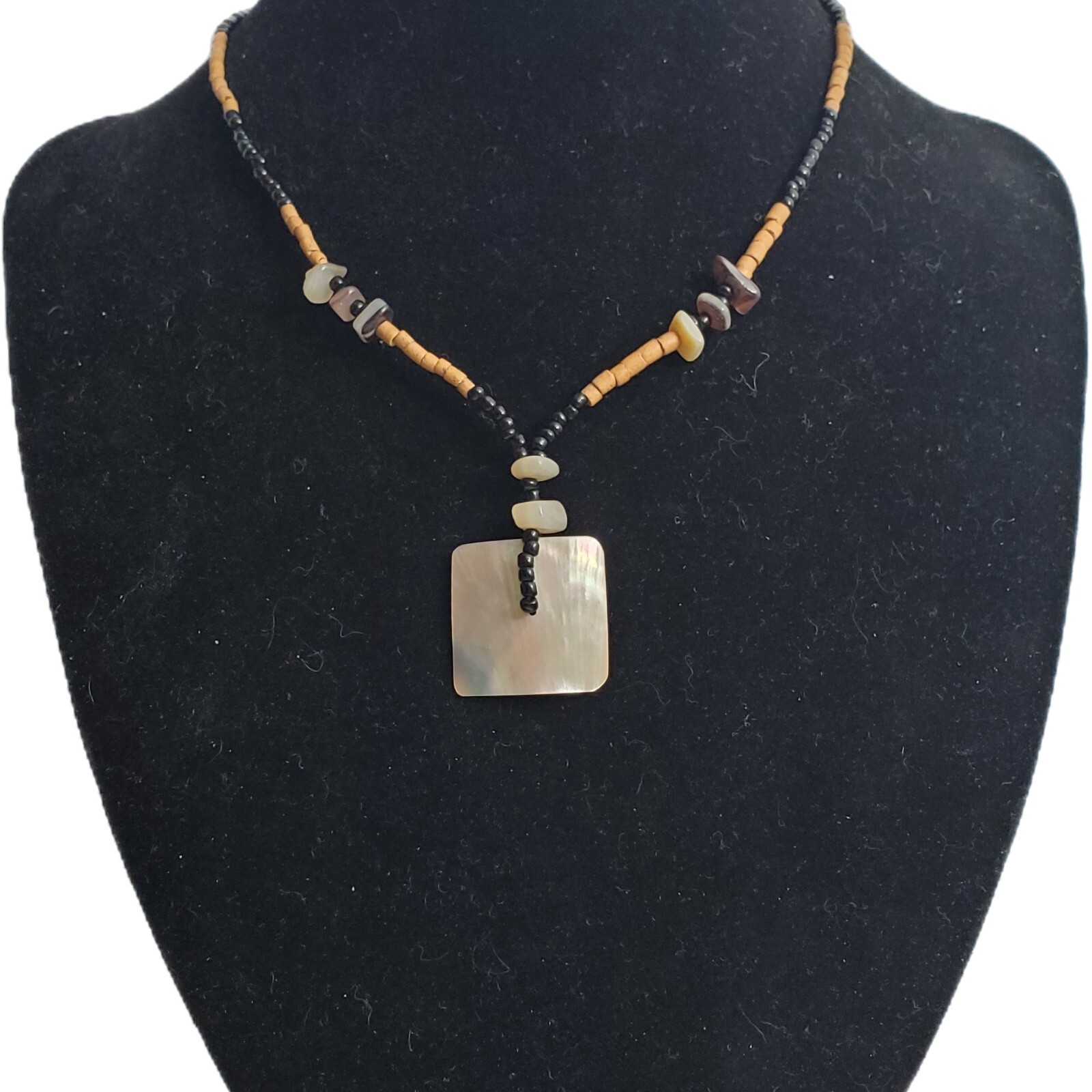 Necklace Abalone Shell Statement Seed Beaded Blac… - image 1