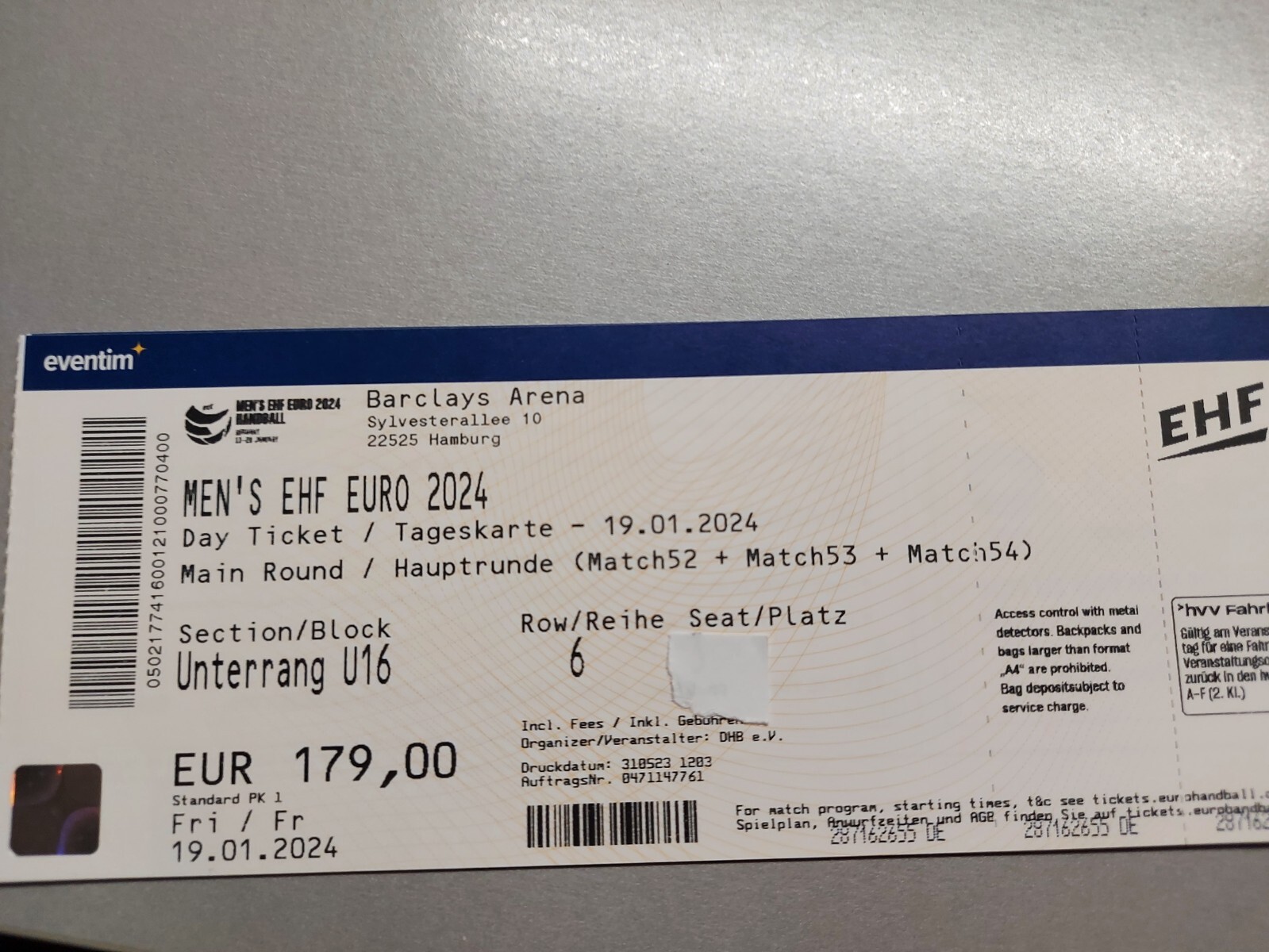 EHF EURO 2024 Handball Tagesticket Hamburg Hauptrunde 19.01.24 (Match 5254) eBay