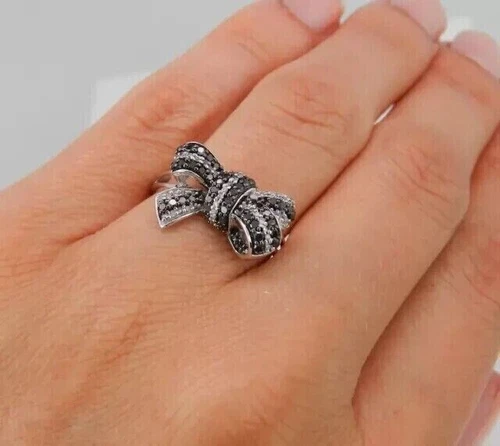 2Ct Round Cut Simulated Black Diamond Women Bow Ring 14K White Gold Plated