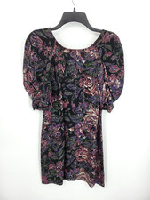 Ecote Dress Womens Medium Black Floral Puff Sleeve Scoop Neck V Back Boho Flowy