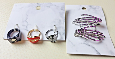 HALLOWEEN JEWELRY LOT-3 RINGS & SKELETON HANDS HAIR CLIPS-TARGET CLOSEOUTS-NEW