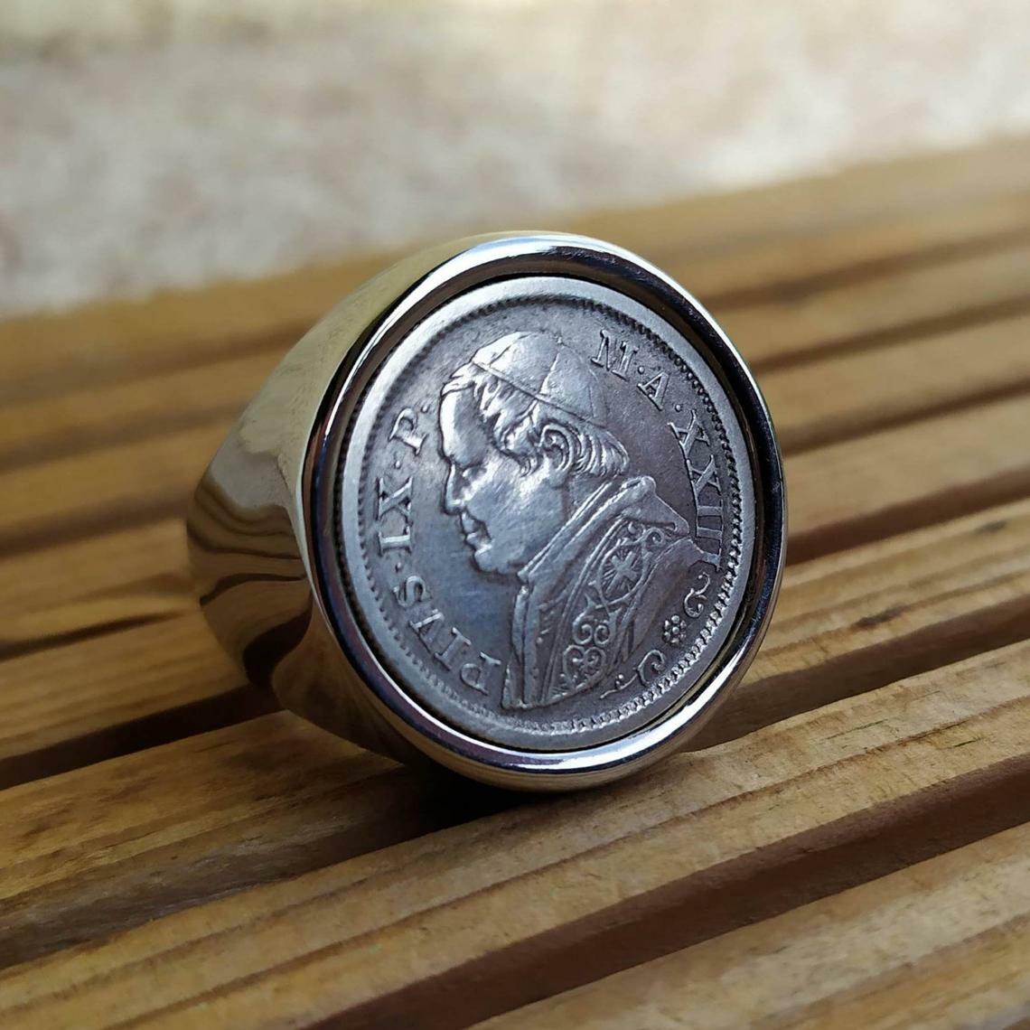 Chevalière pièce Vatican en argent et acier de prestige pour homme