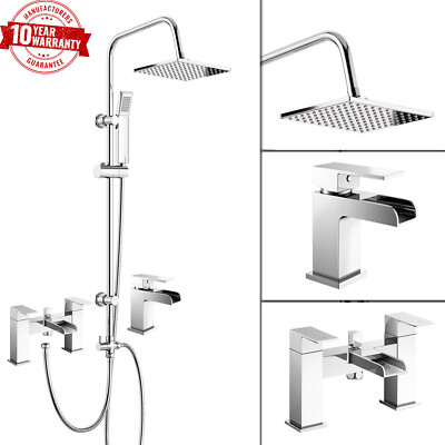 3-Wege Quadratisch Starre Duschaufsteher Kit Wasserfall Bad Dusche Mixer Wasserhahn & Waschbecken Wasserhahn