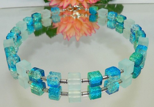 Kette Würfelkette Perlen Würfel Glas two color türkis blau hellblau 266e - Bild 8 von 11