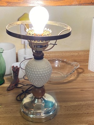 Milk Glass Hobnail Table Lamp Brass Accents 13  Need top shade 7 7/8'' Fitter VTG