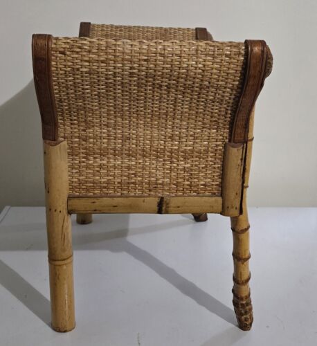 VINTAGE Burnt Bamboo Rattan Table Plant Stand Stool w/ Drawer French Style MCM - Picture 4 of 23