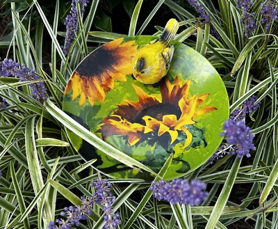 Yellow Bird On Green Sunflower Plate Garden Totem Repurposed Yard Decoration
