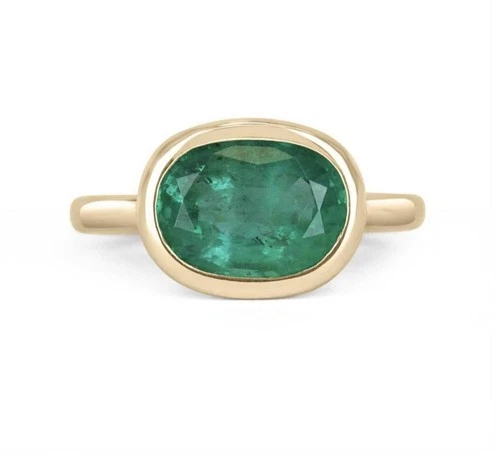Oval Emerald Ring 3.15Carat Natural Gemstone 14k Yellow Gold Plated Silver Rings