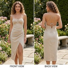 Zara Linen Midi Dress Womens XS Beige Babydoll Slit Beach Vacation Dress PTP 15