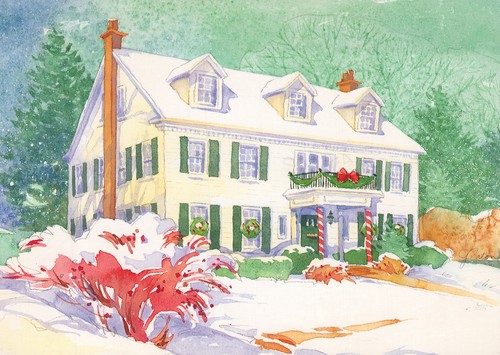 Chrome Postcard Christmas Snow Covered House Green Shutters Current Art ...