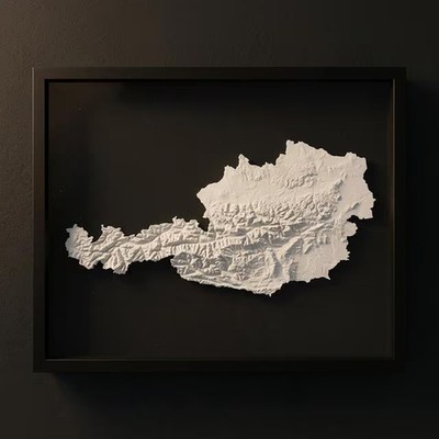 3D Austria Map Wall Art: Topography in Black Wood Frame