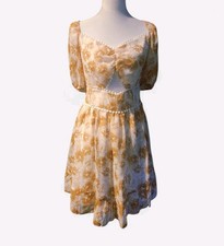 Cottagecore Floral Puff Sleeve Chiffon Dress Yellow Cutout Open Back Tie Medium
