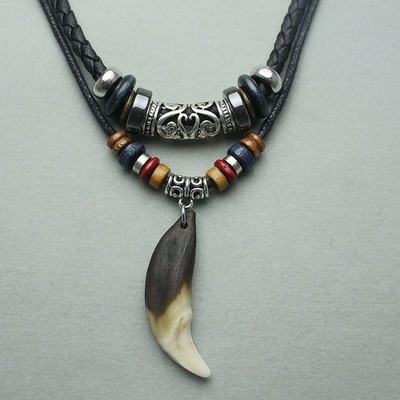 Men's Wolf Tooth Pendant Necklace Genuine Leather Choker Retro Ethnic Charm