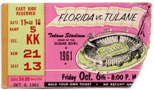 1961 TULANE GREEN WAVE vs UNIVERSITY OF FLORIDA GATORS ticket stub 10/6/61