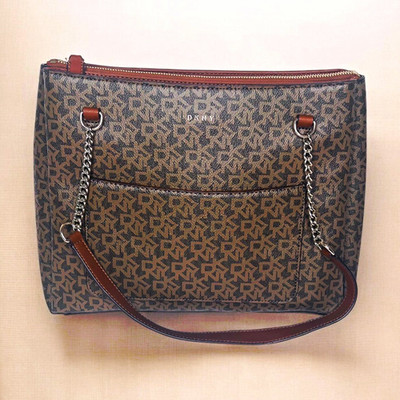 DKNY Brown/Beige Logo Medium Shoulder Bag Zip Top, Chain, Detach Strap