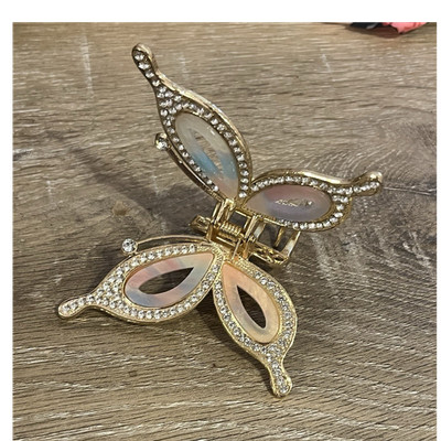 Women s Gold Tone Metal Butterfly Hair Claw Clip w/ Rhinestones, Pink Inlay