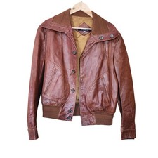 1970's Cortefiel Mens Brown Leather Bomber Jacket Size 42 With Ribbed Trim But