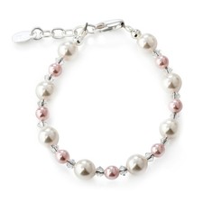 925 Sterling Silver Baby Bracelet with Simulated Pink and White Pearls for In...