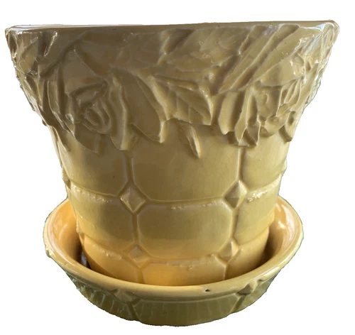 Vintage McCoy Pottery Quilted Leaf Planter w/Saucer 1950s USA