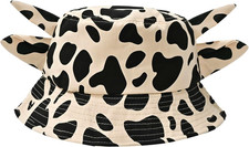 Unisex Cow Bucket Hat with Cute Horn Ears Cow Print Summer Hat Fishermans Khaki