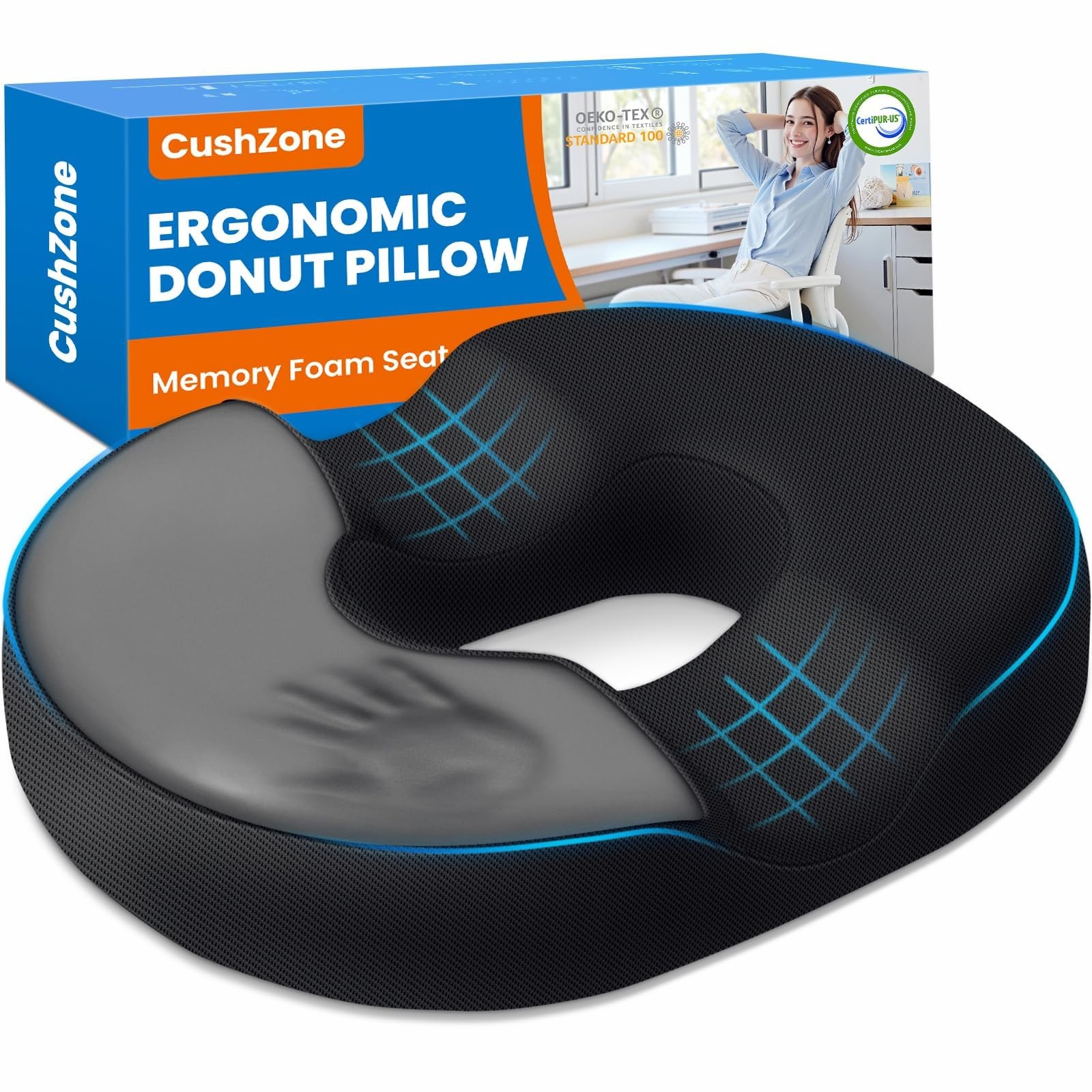 CushZone Donut Pillow for Postpartum Pregnancy - Large Ergonomic Chair Seat C...-image