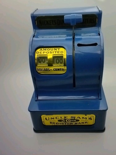 1950s Vintage Uncle Sam's 3 Coin Blue Metal Register Bank (Japan Made) Working!