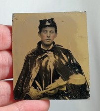 Antique Tintype Photo Man in Uniform with Lamp Lighter Occupational or Soldier