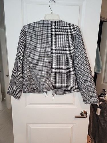 Blazer Chico's donna 1,5 grigio a quadri tweed bordo frange aperto davanti giacca classico - Foto 14 di 16