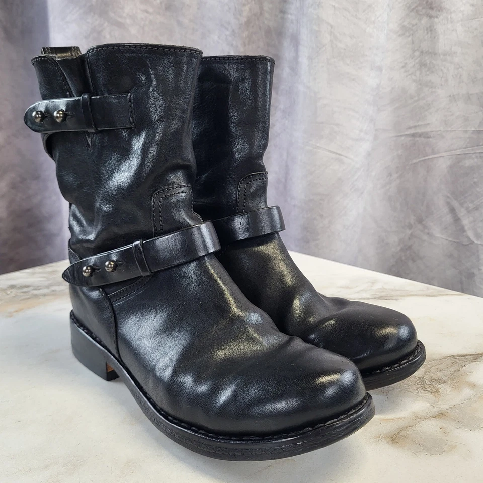 Botas ribeteadas Rag & Bone media pantorrilla moto motociclista hechas a mano negras para mujer 36/6 Foto 2 de 4