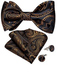 Mens Bow Tie Paisley Striped Self Bow Tie for Men Silk Woven 08 Black Orange