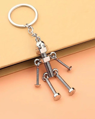 Silver Industrial Screw Robot Keychain Bag Charm Metal Robot Figure w/Dust Bag