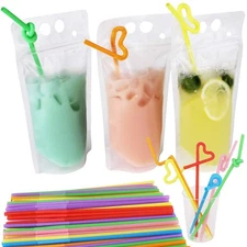 200 Pack 9.1 x 5.2 Inch/17 Ounce 8mil Clear Drink Pouches with Heavy Duty Han...
