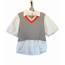 THM Womens Gray Cable-Knit V-Neck Layered Puf...