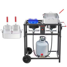 Double 18QT Outdoor Propane Deep Fryer Cart with Aluminum Pots, Fry Baskets and