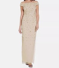 ADRIANNA PAPELL Off-The-Shoulder 3-D Flower Beaded Gown in Biscotti Size 6 $249