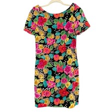 VTG Silk Dress Silk Floral Sheath Mini Dress Women's 6P Spring Short Sleeve