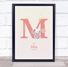 Pink Baby Girl Elephant Initial M Baby Birth Details Nursery Christening Print