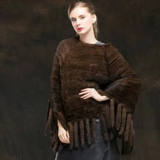 100% Real Mink Fur Knitted Cape Stole Scarf Shawl Coat Poncho Cloak with Tassel