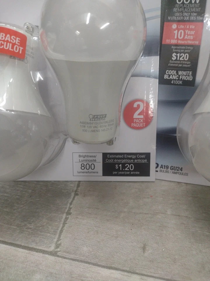 (2-Pk) Feit LED Plug-In Bulb A19 GU24 Base 60W Dimmable 800 Lumens New ITEM - Image 3 of 4