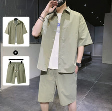 Summer Men's 2 Piece Outfit Short Sleeve Shirt and Drawstring Shorts Set Fashion
