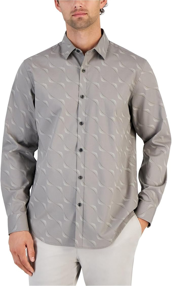 Мужская рубашка на пуговицах с длинным рукавом и волнистым принтом в горошек Alfani, темно-серый, средний