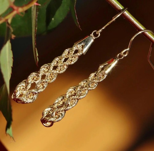 10k yellow gold earrings 1.55" dangle rope vintage handmade 1.10gr - 第 5/12 張圖片