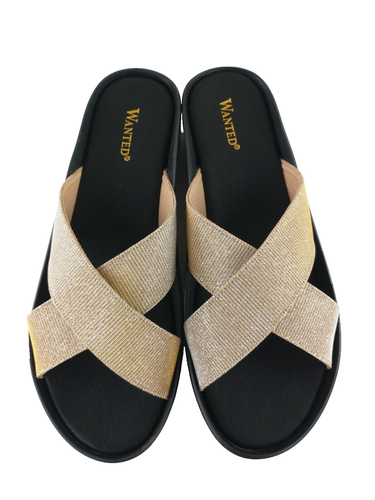 Wanted Women Size 10 Gold Sandals Moonlite Cross Strap w/ glitter Spring Summer