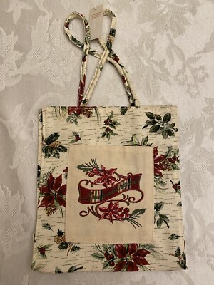 Longaberger Christmas Homestead Fabric Gift Bag Tote Holiday Botanical Holly NEW
