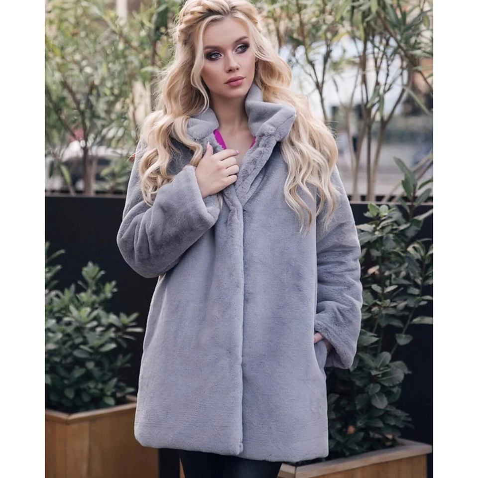 Womens Rex Rabbit Fur Coat Ladies Stand-up Collar Winter Fur Coat Mid-long Parka - Image 2 of 4